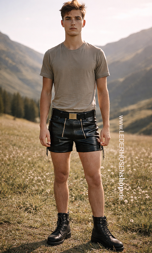 T-Shirt, Shorts, Leder, Stiefel, Gürtel,