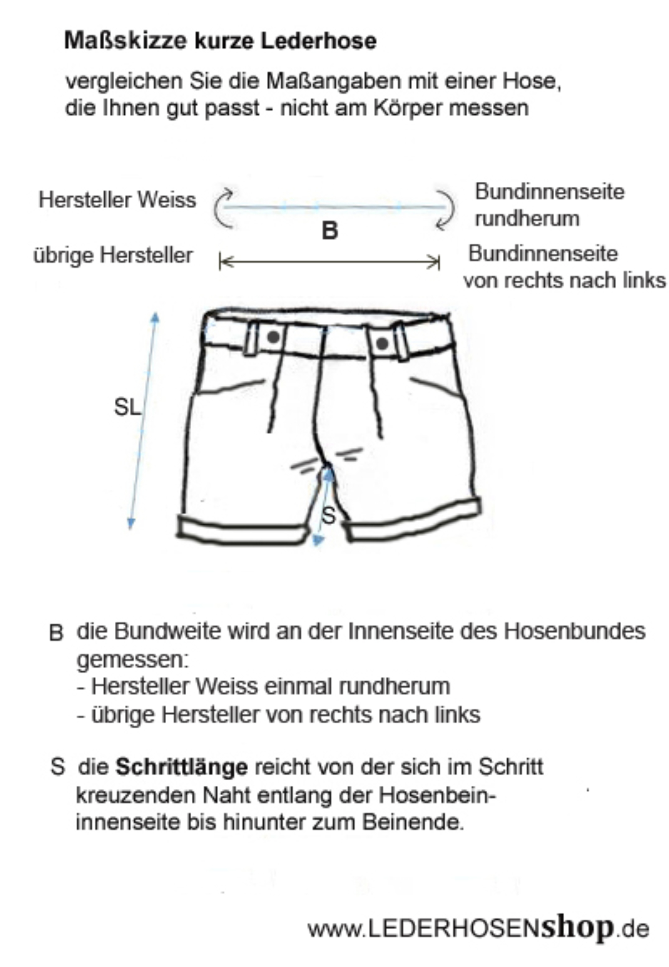 Bekleidung, Kurze Hosen, Diagramm, Handlung, Maßskizze-kurze-Lederhose