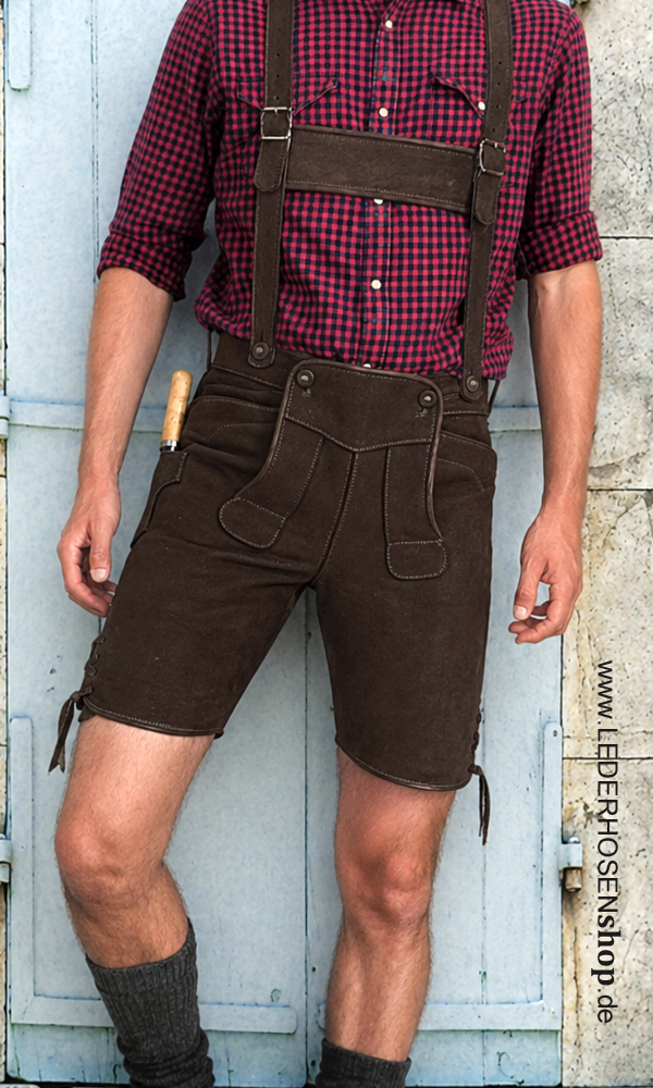 Lederhose, Latzhose, Bergsteiger-Stil, Kurz, Plaid-Shirt, Lederhosen, Kurze Hose, Karohemd, Hosenträger, Messerschuh,