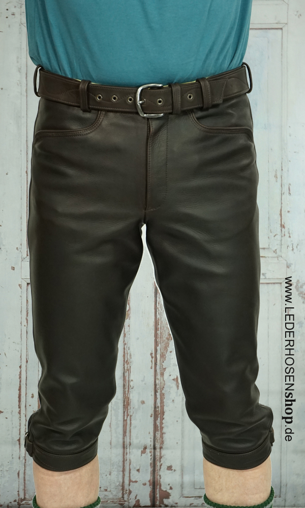lederhose, schlupf-bund, biker-looks, knie-hosen-länge, dunkle-farbe,