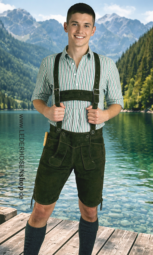 Lederhose, Leder, Kurzarmhemd, Sicherungsriemen, Wadenstulpen,