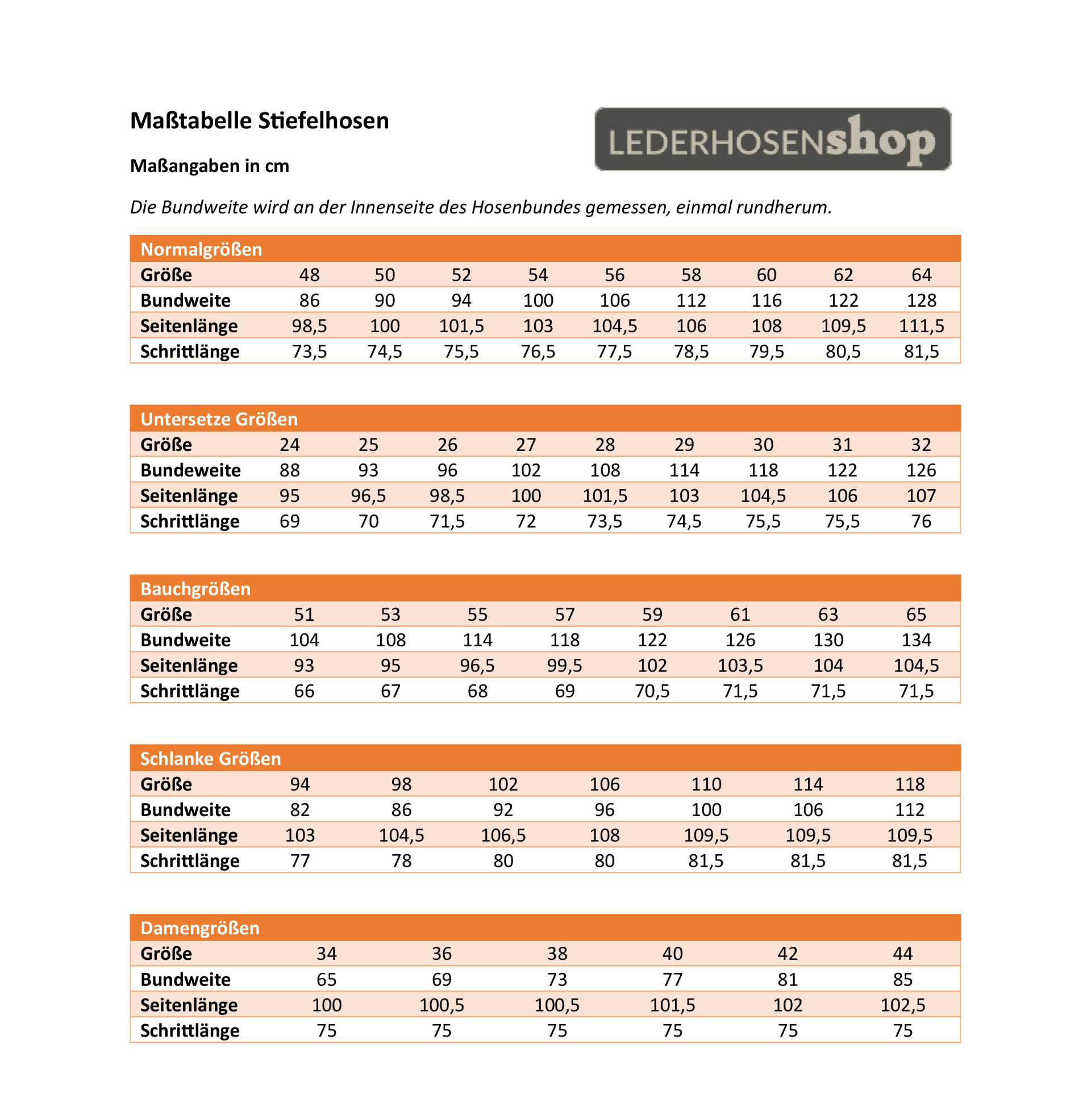 Größentabelle Stiefelhosen