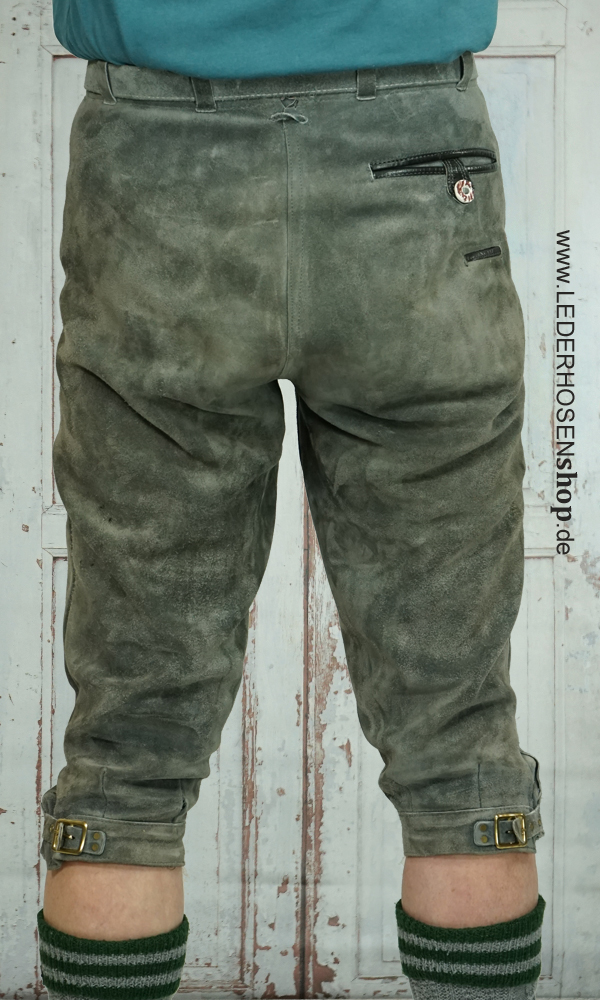 lederhose, waders, grün, kniepassform, reparaturdetails,