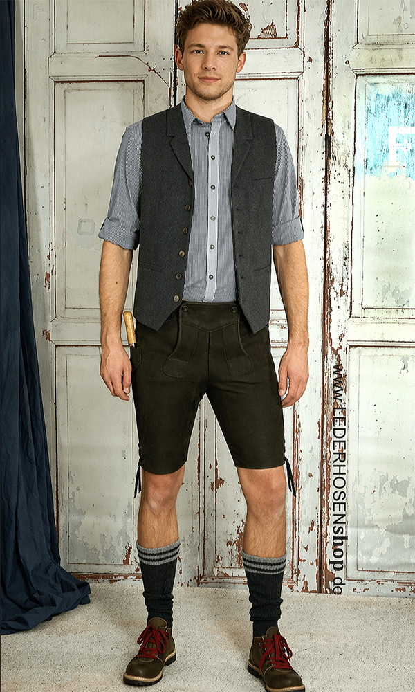 Hemd, Weste, Lederhose, Socken, Stiefel, Hemd, Weste, Lederhose, Socken, Schnürschuhe, Hemd, Weste, Lederhose, Socken mid, Lederstiefel,