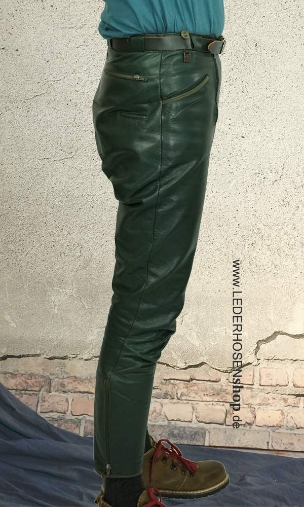 lederhose, grün, zipper, tasche, hem,
