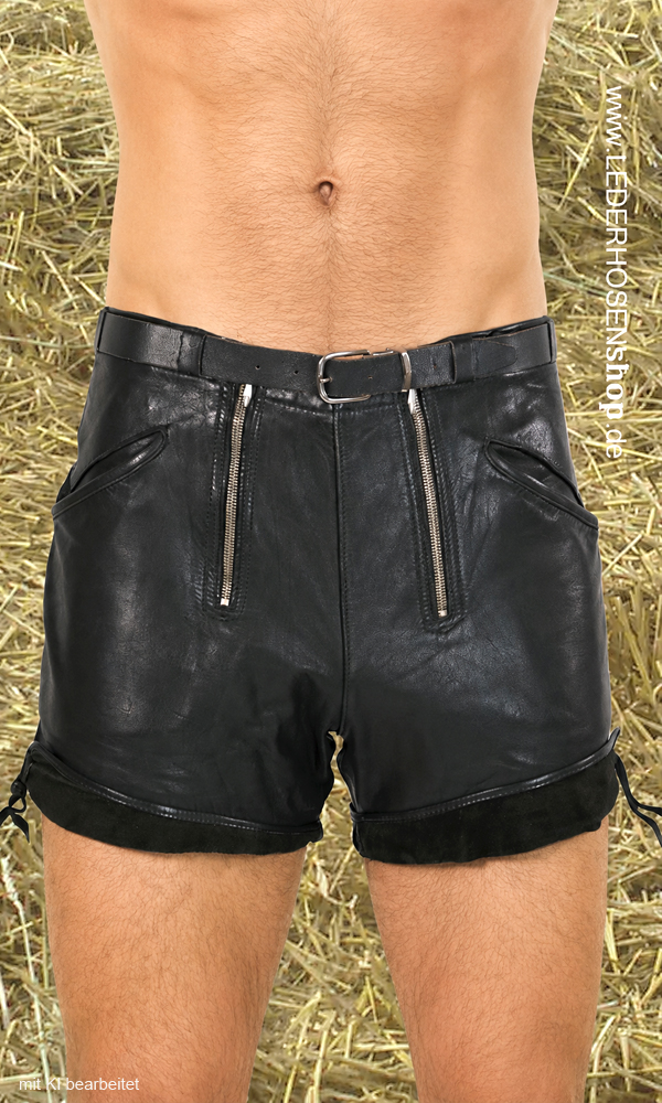 ledershorts, schwarz, zwei taschen, reißverschluss, gürtel,