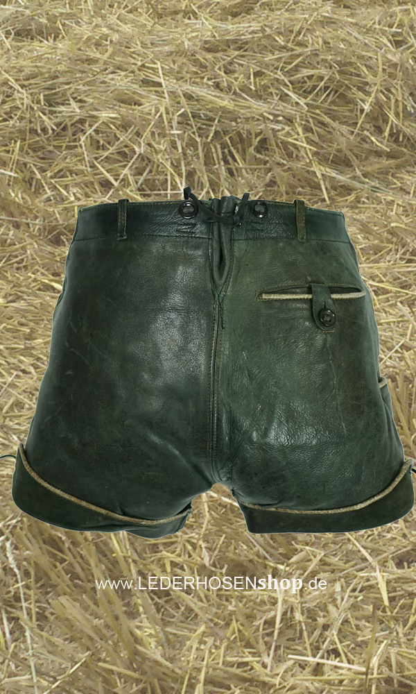 ledershorts, leder, grün, gürtelschlaufen, reissverschluss,