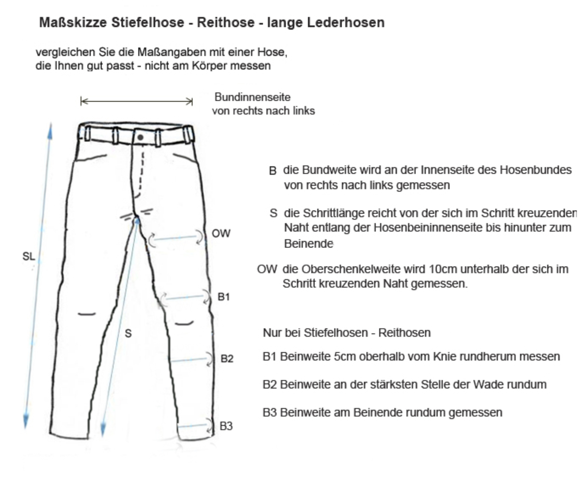 Diagramm, Handlung, Messungen, Diagramm, Handlung, Messungen, Kleidung, Hosen, Maßskizze-lange-Lederhose
